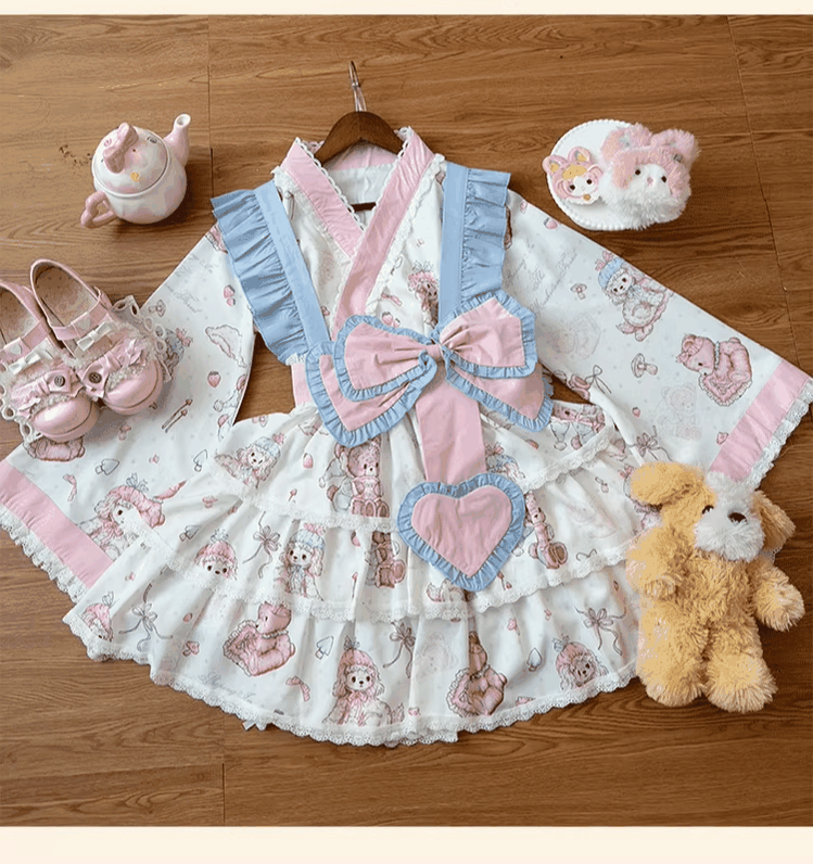 Niu Niu - Showa Moe Bear - Plus Size Wa Lolita Dress Set Kawaii Lolita SK Suit