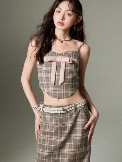 Plaid bow tube top and A-line skirt【s0000003279】