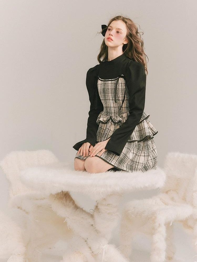 Plaid Cake Skirt Fake Two Piece Dress【s0000003231】