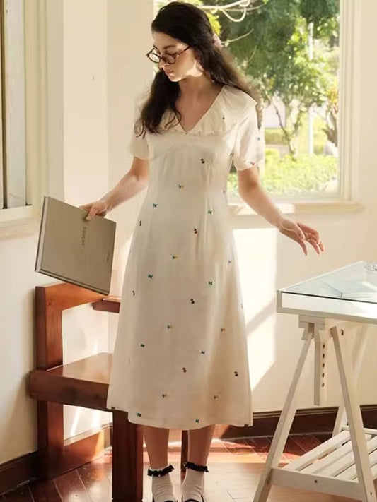 Embroidery Lace Neck Romantic White Maxi Dress【s0000007491】