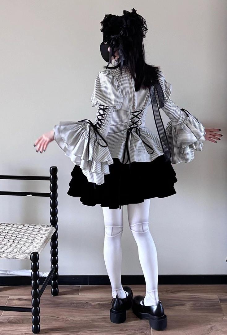 FlowerFairyDaily - Gothic Lolita Striped Shirt With Alternative NeckTie/Jabot