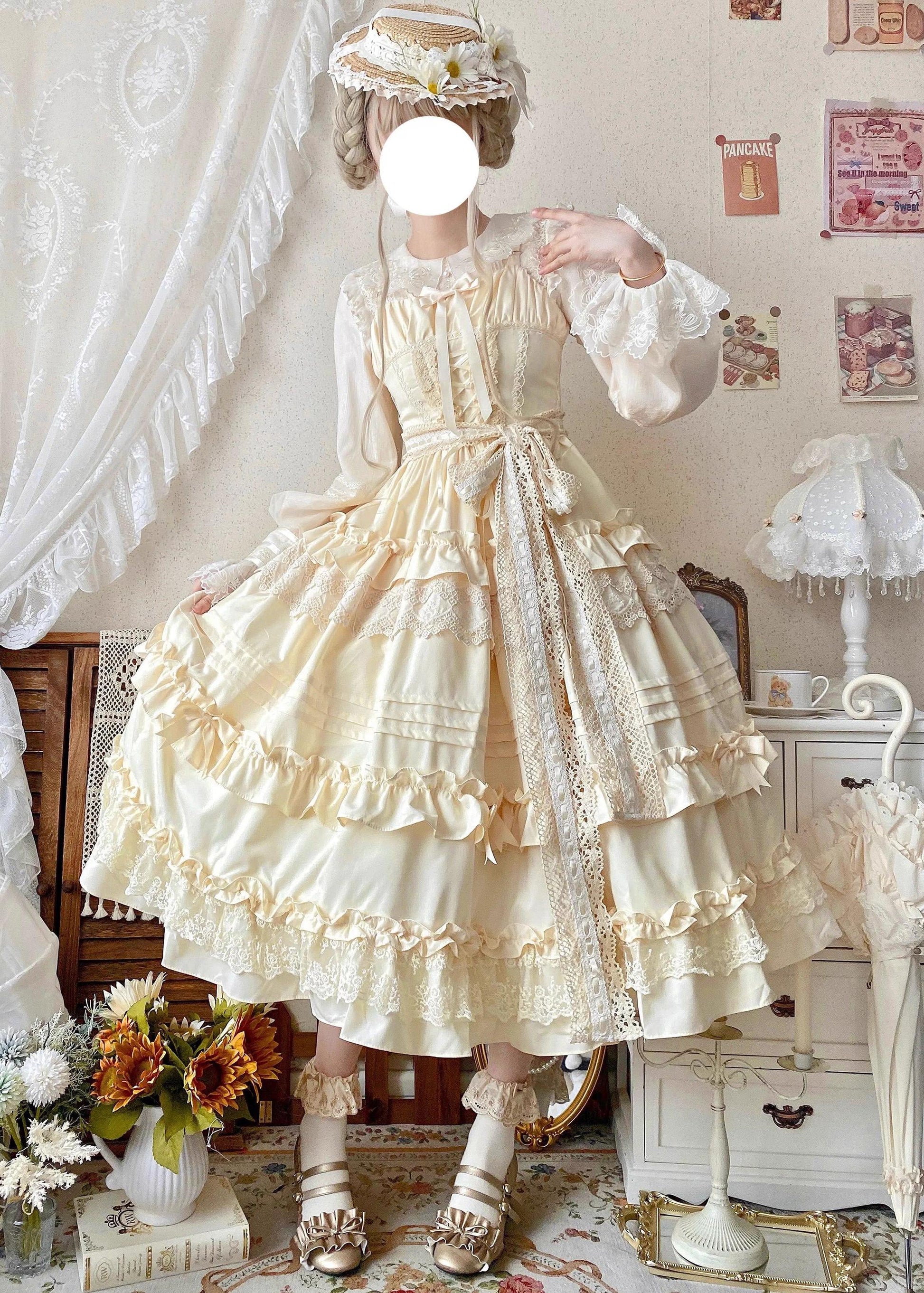 Qianmu - Lilianne - Elegant Lolita Ruffled Hem JSK Dress Multicolors