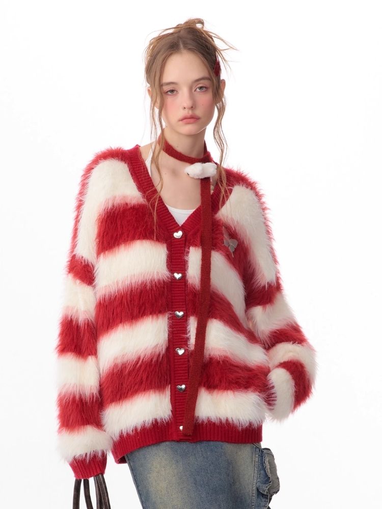 Sticky Chunky Red Striped Knit Sweater Cardigan【s0000006174】