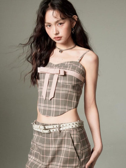 Plaid bow tube top and A-line skirt【s0000003279】