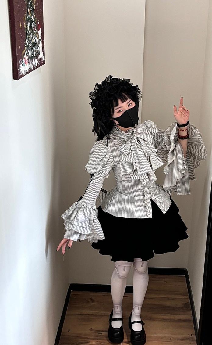 FlowerFairyDaily - Gothic Lolita Striped Shirt With Alternative NeckTie/Jabot