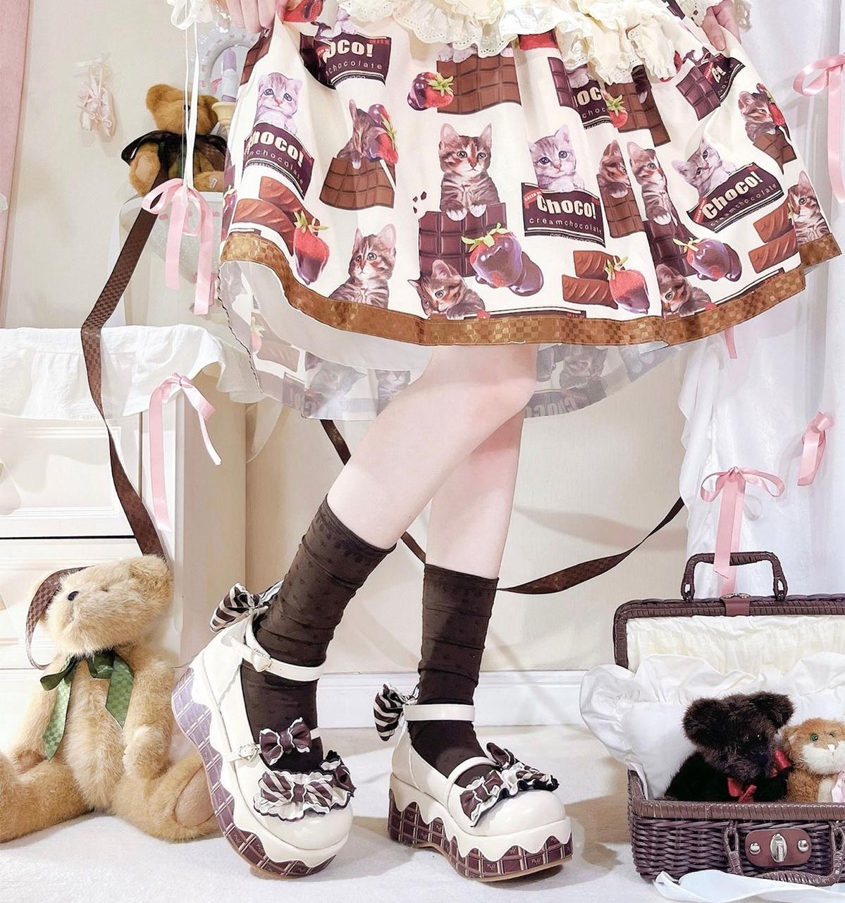 Sheep Puff - Chocolate Sponge Cake - Sweet Lolita Thick-Sole Shoes with Printed Platform
