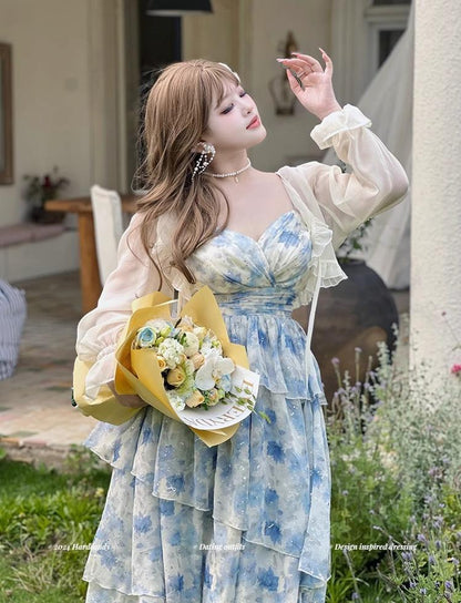 Yingtang - Plus Size Blue Lolita JSK Dress Cardigan Set New Arrival