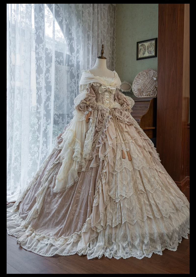Guaji - Isabella - Wedding Lolita OP Bridal Dress with Tiered Petticoat and Trailing