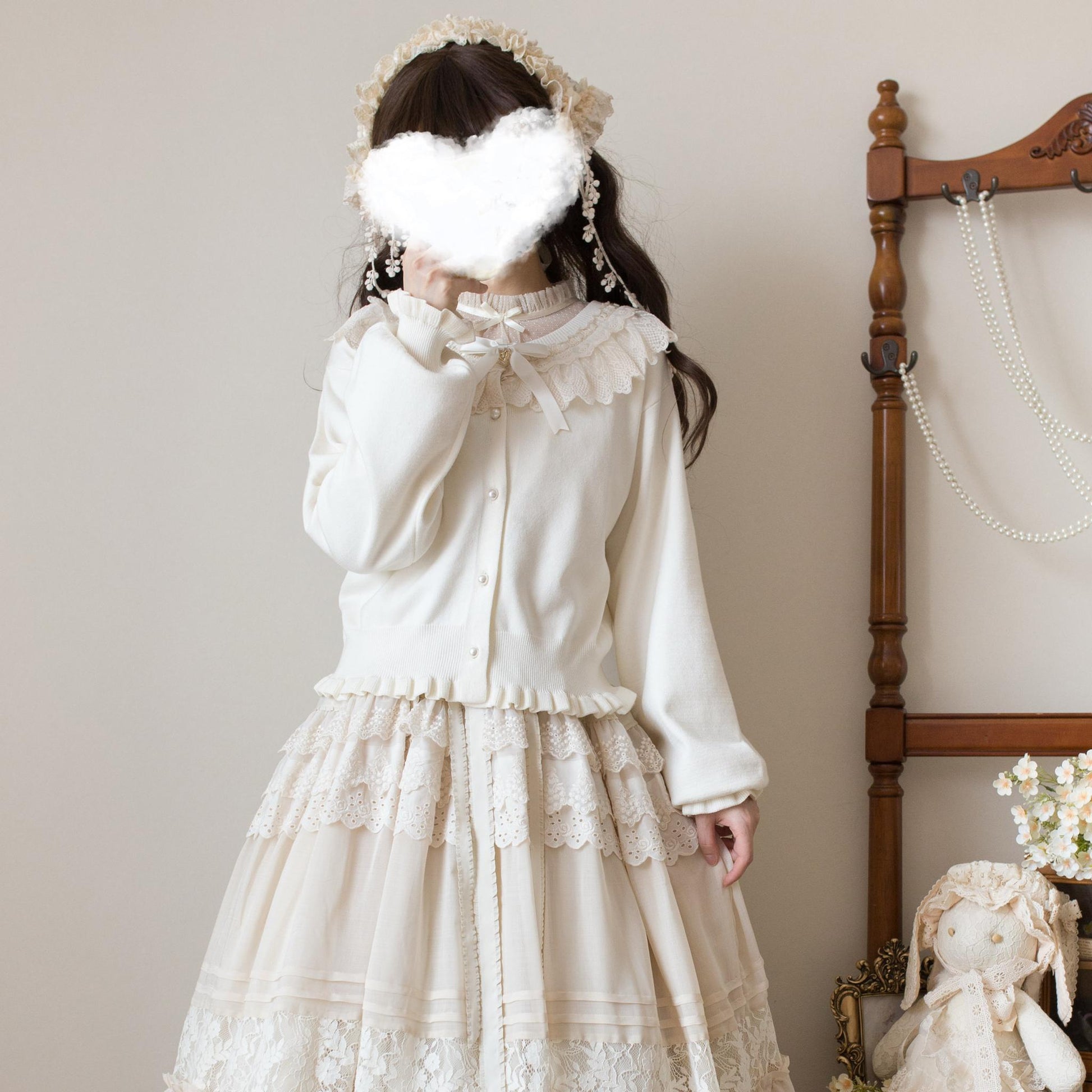 MIST - Graceful Dream - Retro Kawaii Lolita Sweater Cardigan, Ruffled Lace Neckline