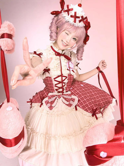 Confession Balloon - Red Plaid Cake Skirt - IP Collab Lolita Plaid JSK Dress