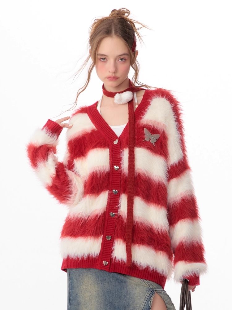 Sticky Chunky Red Striped Knit Sweater Cardigan【s0000006174】