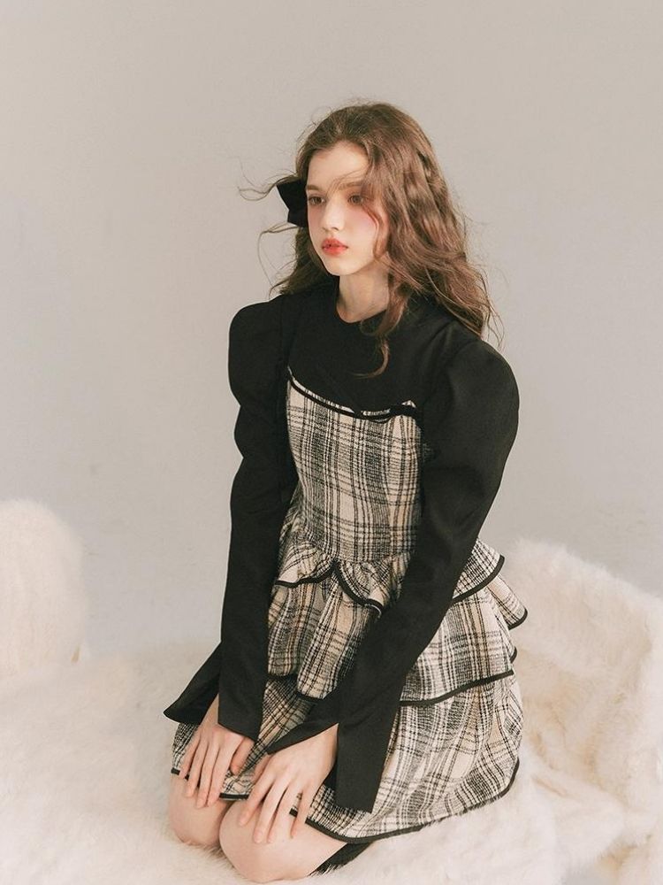 Plaid Cake Skirt Fake Two Piece Dress【s0000003231】