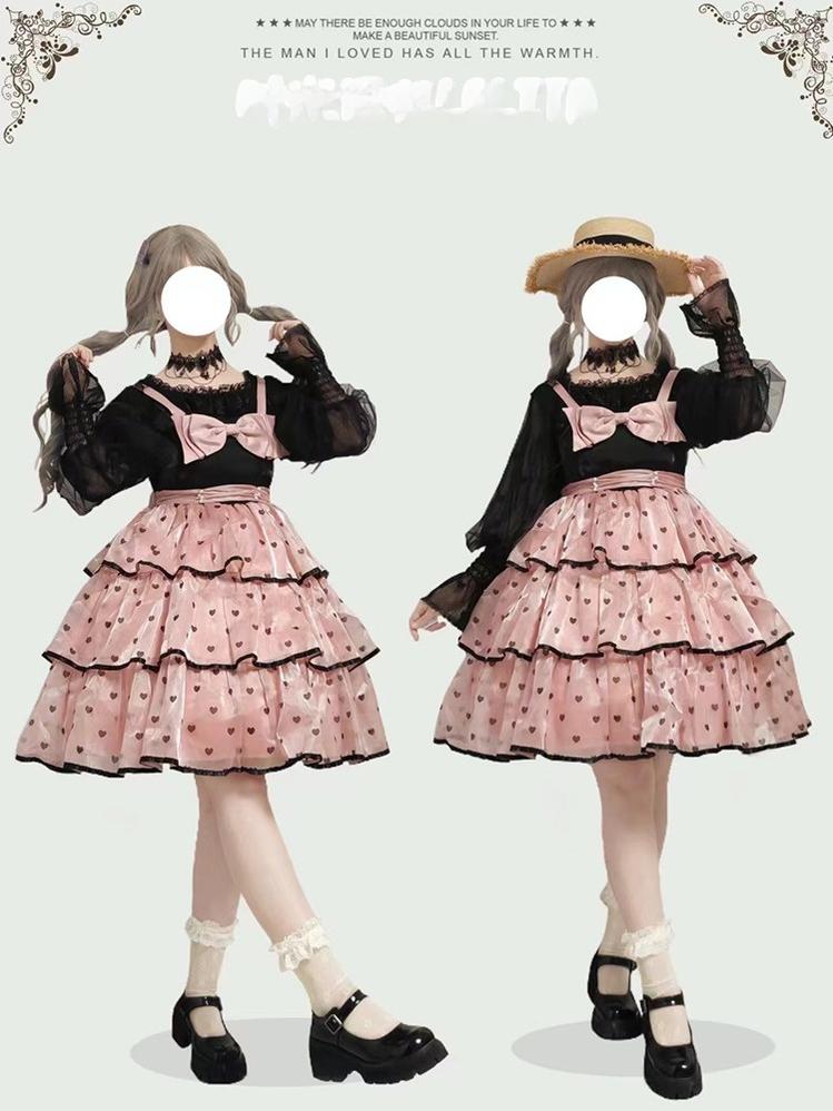 Time Memory - Layered Heart - Sheer Classic Shirt with Mutton Sleeves & Polka Dot