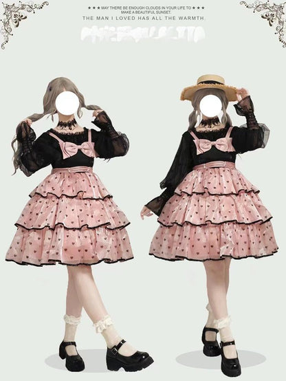 Time Memory - Layered Heart - Sheer Classic Shirt with Mutton Sleeves & Polka Dot