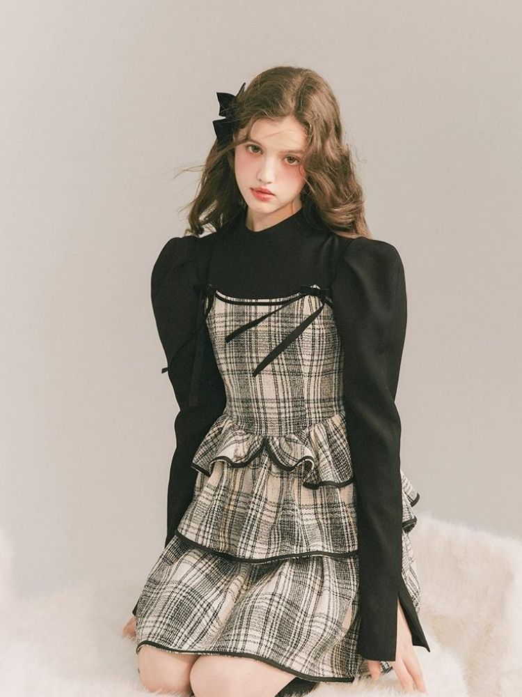 Plaid Cake Skirt Fake Two Piece Dress【s0000003231】