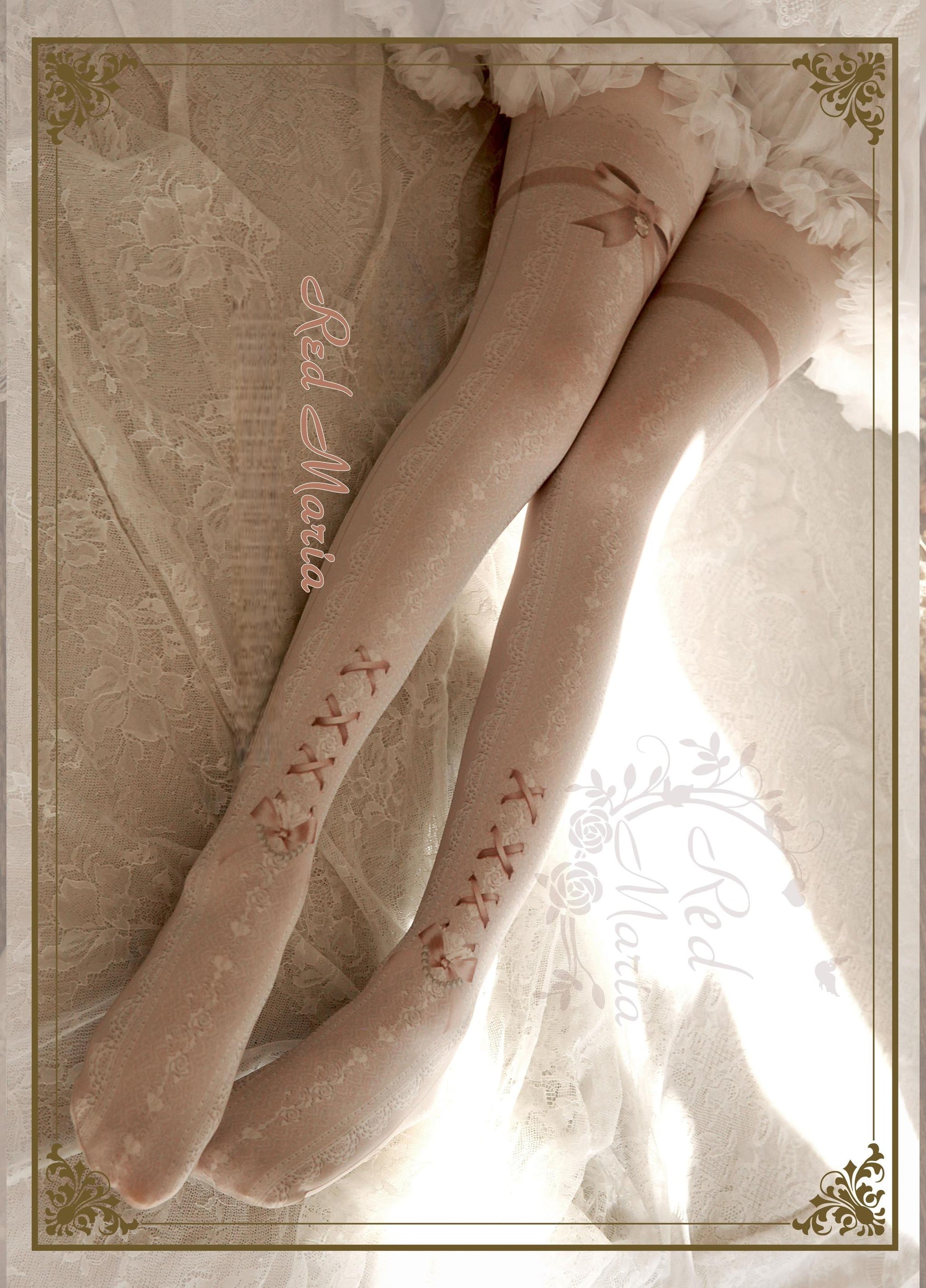 Red Maria - Lace Printed Bow 80D Lolita Tights Multicolors