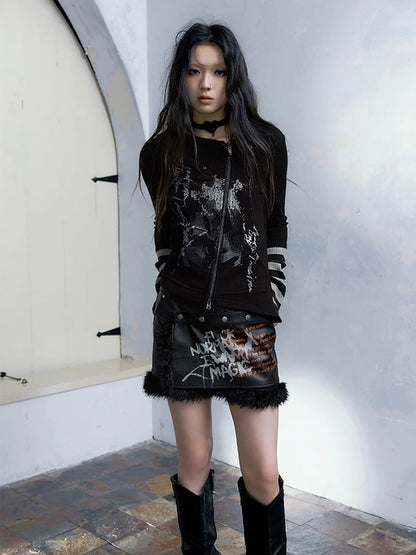 Black leather spelling wool package hip dress pants【s0000004515】