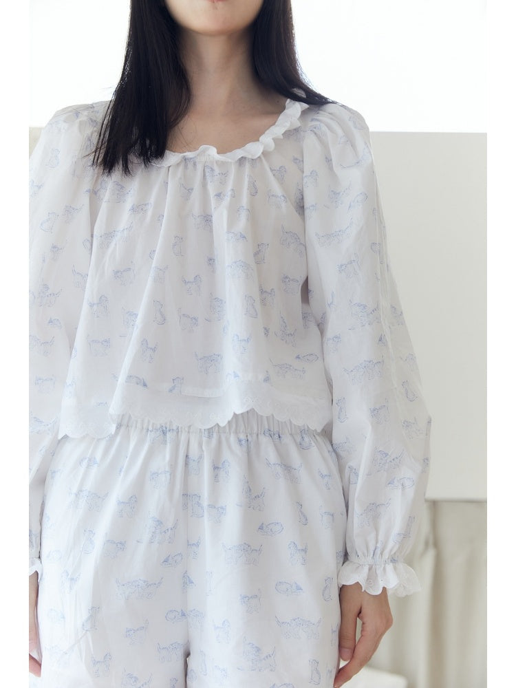 French Blue Kitten Print Relax Room Wear Set【s0000003571】
