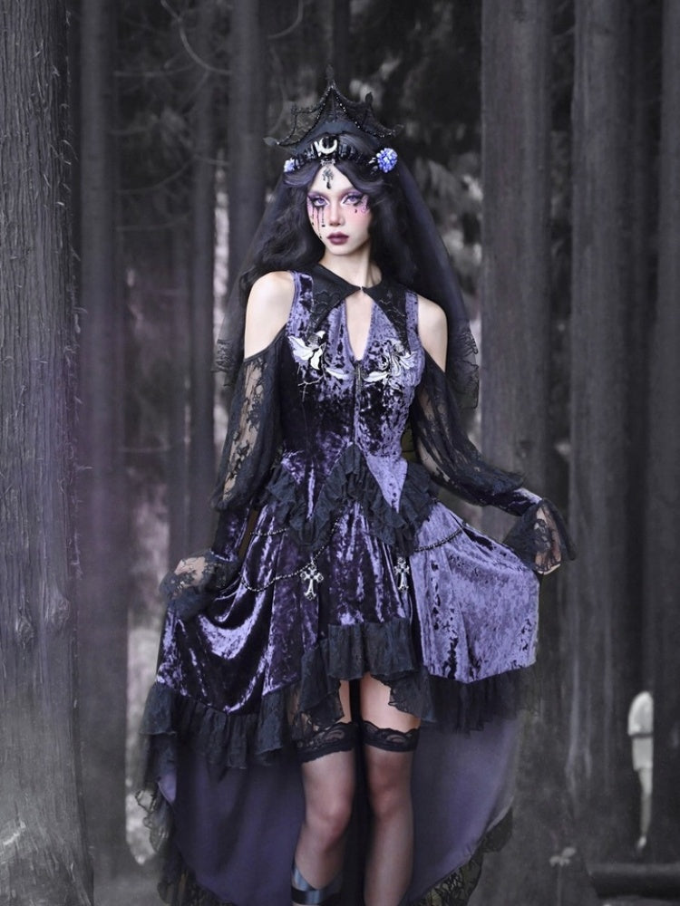 Gothic Velvet Open Shoulder Lace Flower Blouse【s0000003868】