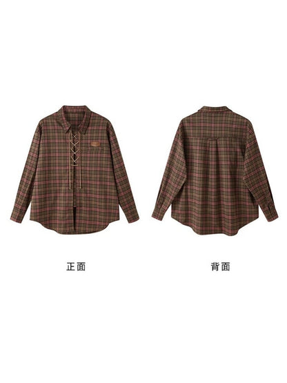 Casual Lace-Up Strap Retro Plaid Loose Shirt【s0000003198】