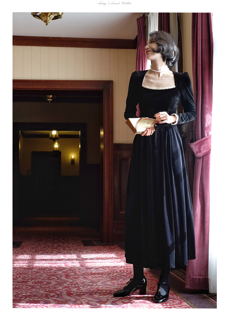 black lady velvet long skirt