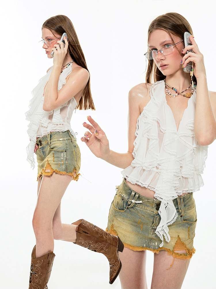 Halter Neck Ruffle Lace Backless Tops【s0000009159】