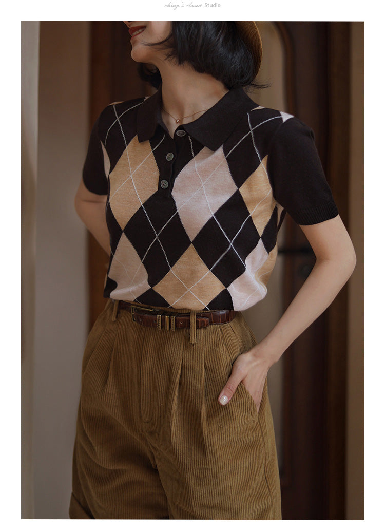 Scandinavian Argyle Pattern Retro Polo Knit