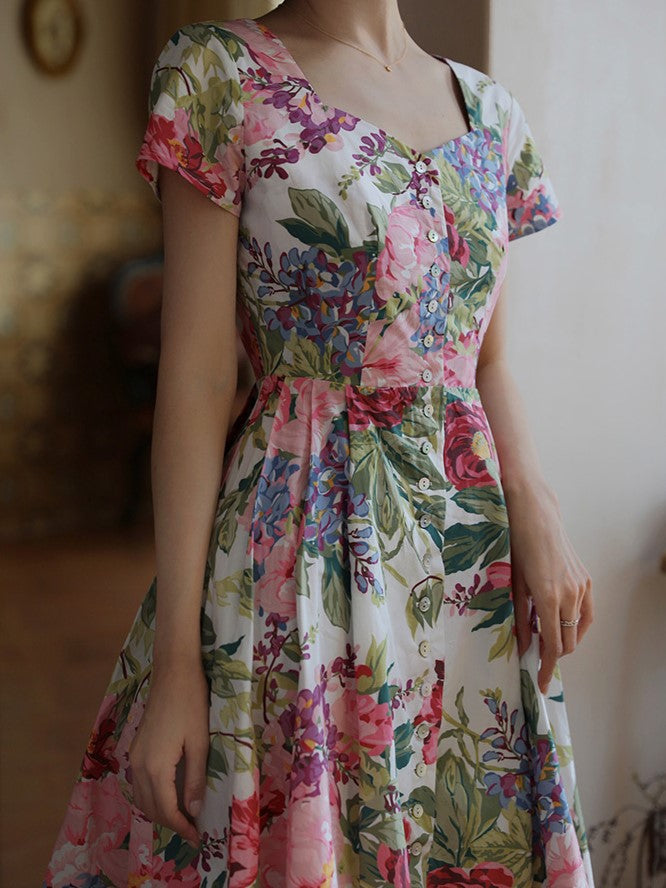 Baby pink and rosy floral pattern vintage dress