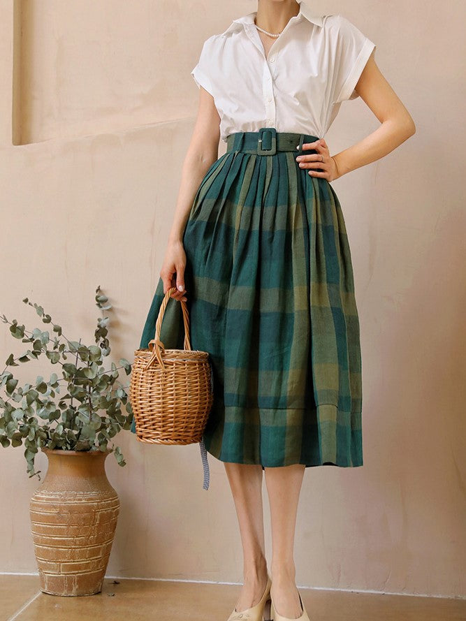 Dark green plaid retro umbrella skirt