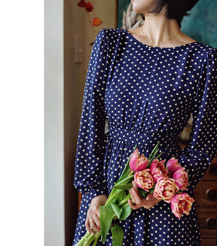 Lapis navy blue polka dot vintage dress