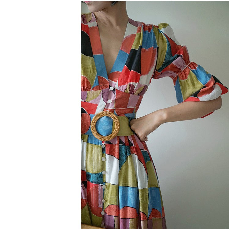 Geometric pattern oil painting dress