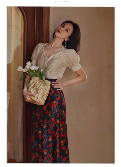 Crimson Floral French Skirt