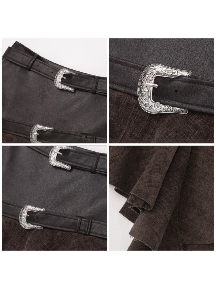 Belt Accent Irregular PU Leather Switching Mini Skirt【s0000004401】