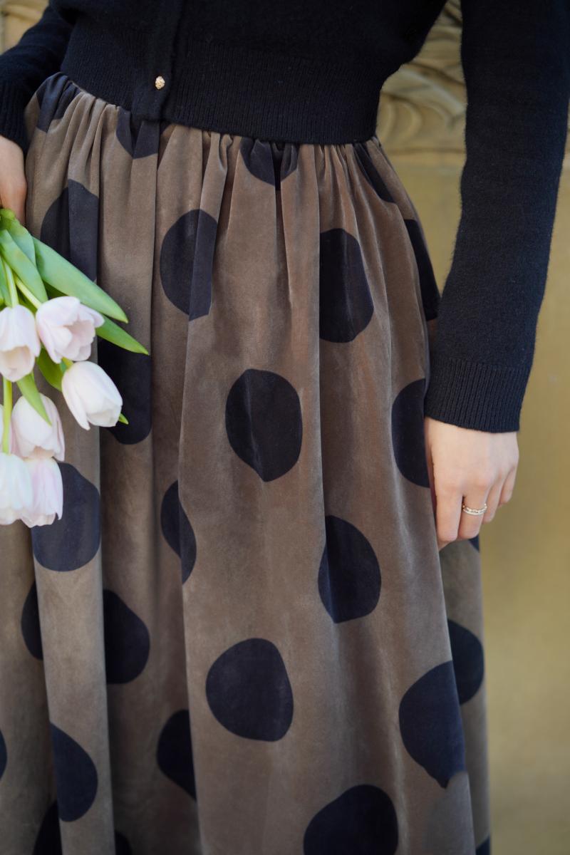 Birch brown polka dot velvet umbrella skirt