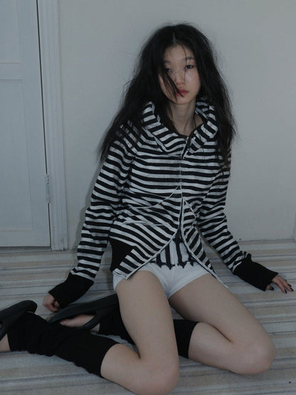Striped Zipper Hooded Sweat Jacket & Pants Setup【s0000004162】