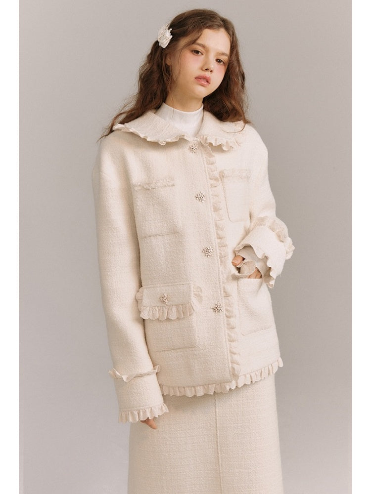 Wool Weave Lazy Bouquet Button Frills Jacket & Skirt【s0000003857】