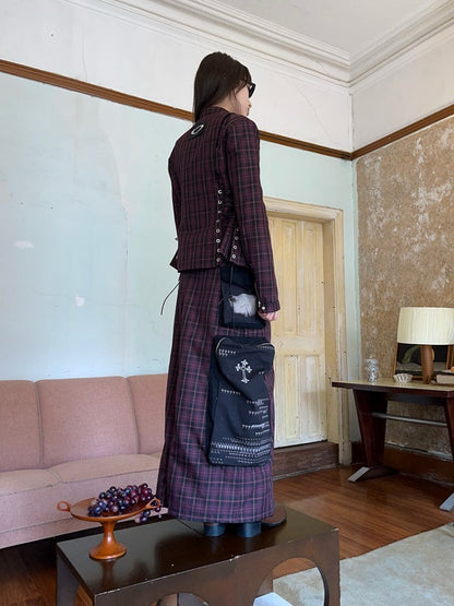 Plaid Zipper Short Jacket & Patch Pocket Long Skirt【s0000003884】