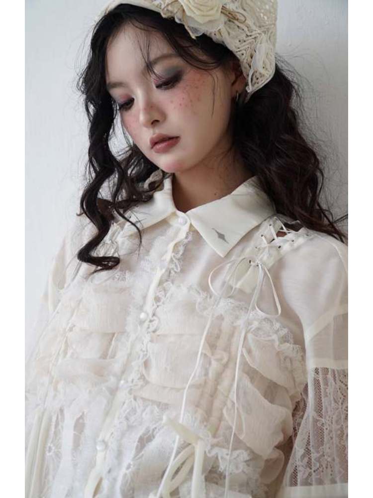 Lace-Up Crosses Embroidery Chiffon Lace Trim Shirt【s0000008151】