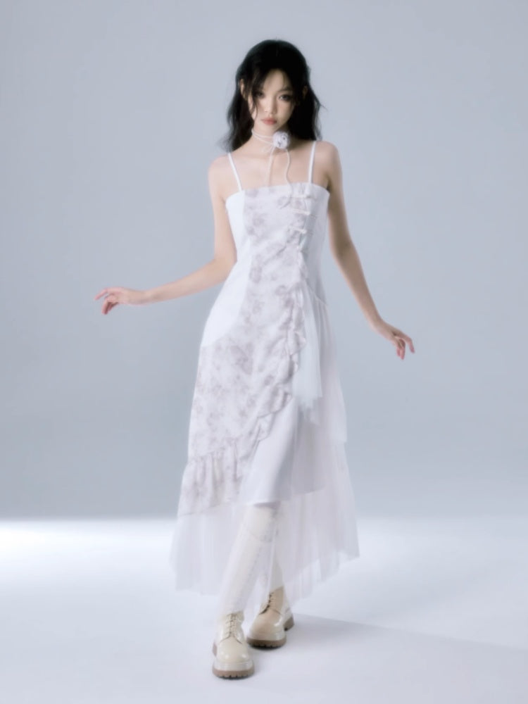 Patchwork Ruffle Suspender Long Dress & Waistcoat【s0000004379】