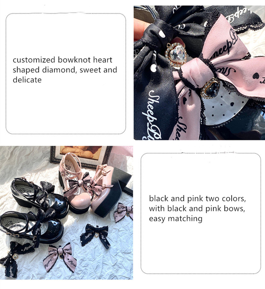 Sheep Puff - Black Pink Japanese Lolita Thick Heel Shoes