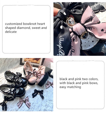 Sheep Puff - Black Pink Japanese Lolita Thick Heel Shoes