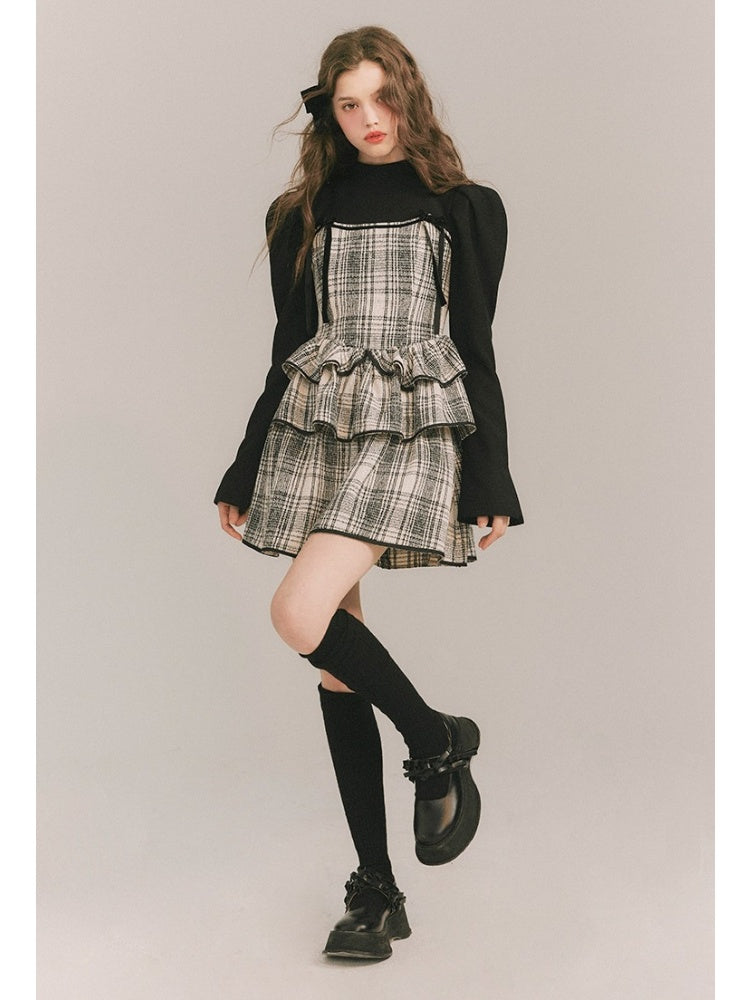 Plaid Cake Skirt Faux Two Piece Dress【s0000003859】