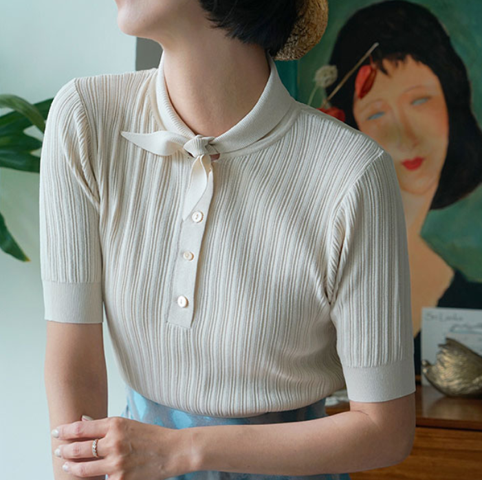 British lady slim ribbon blouse