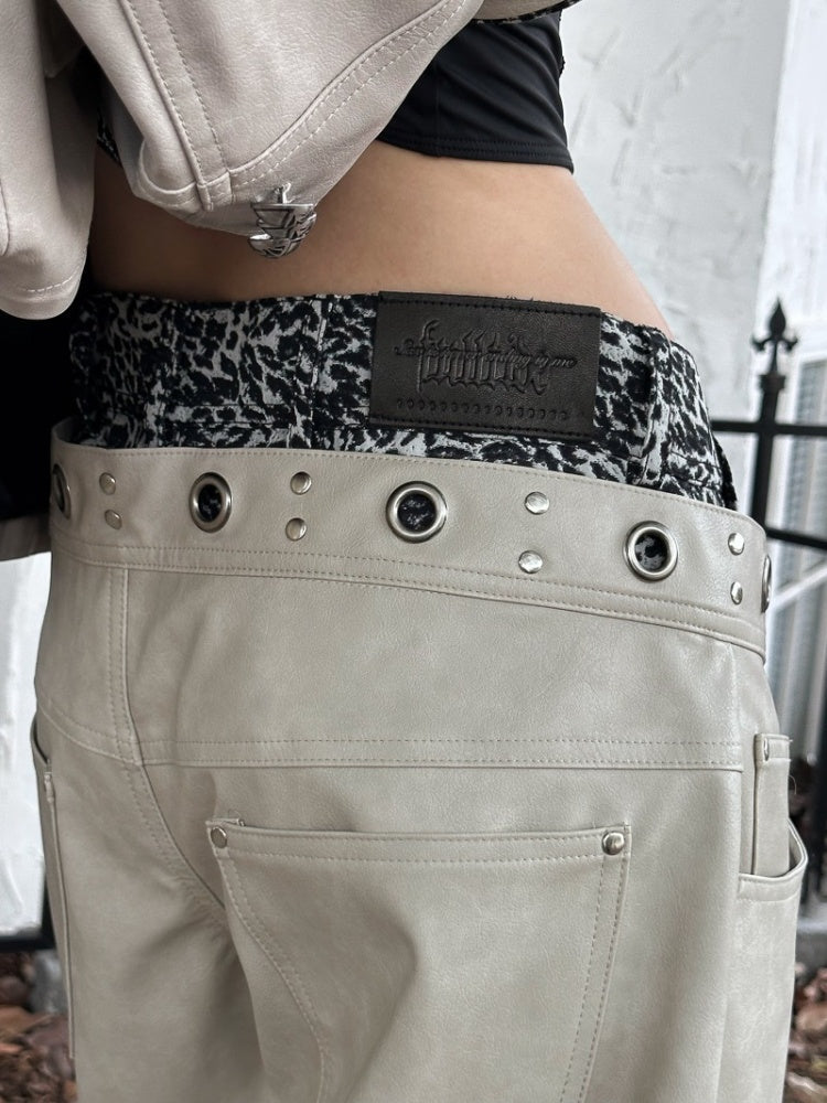 Leopard Pattern Splicing Leather Wide Pants【s0000004171】