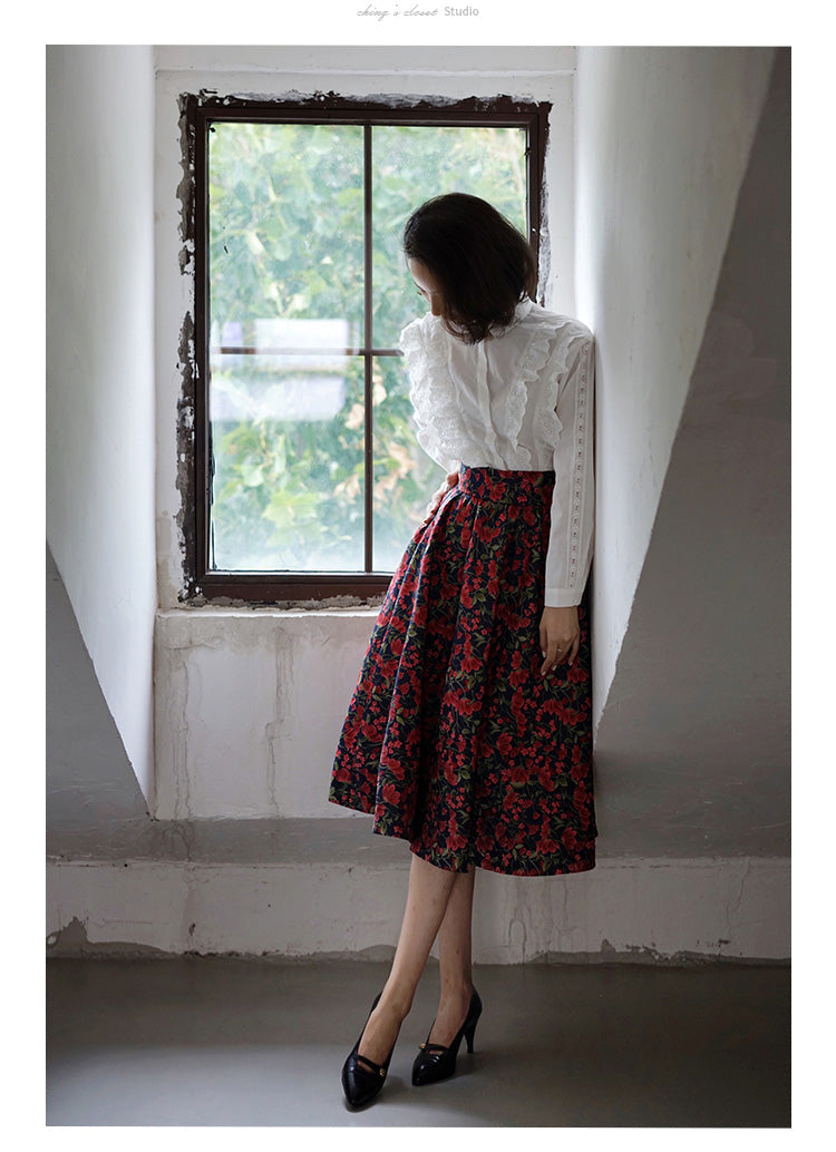 red flower jacquard skirt