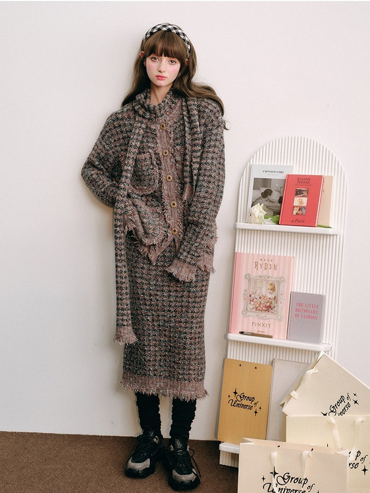 Knitted Fringe Cardigan Jacket With Stole ＆ Long Skirt【s0000003854】