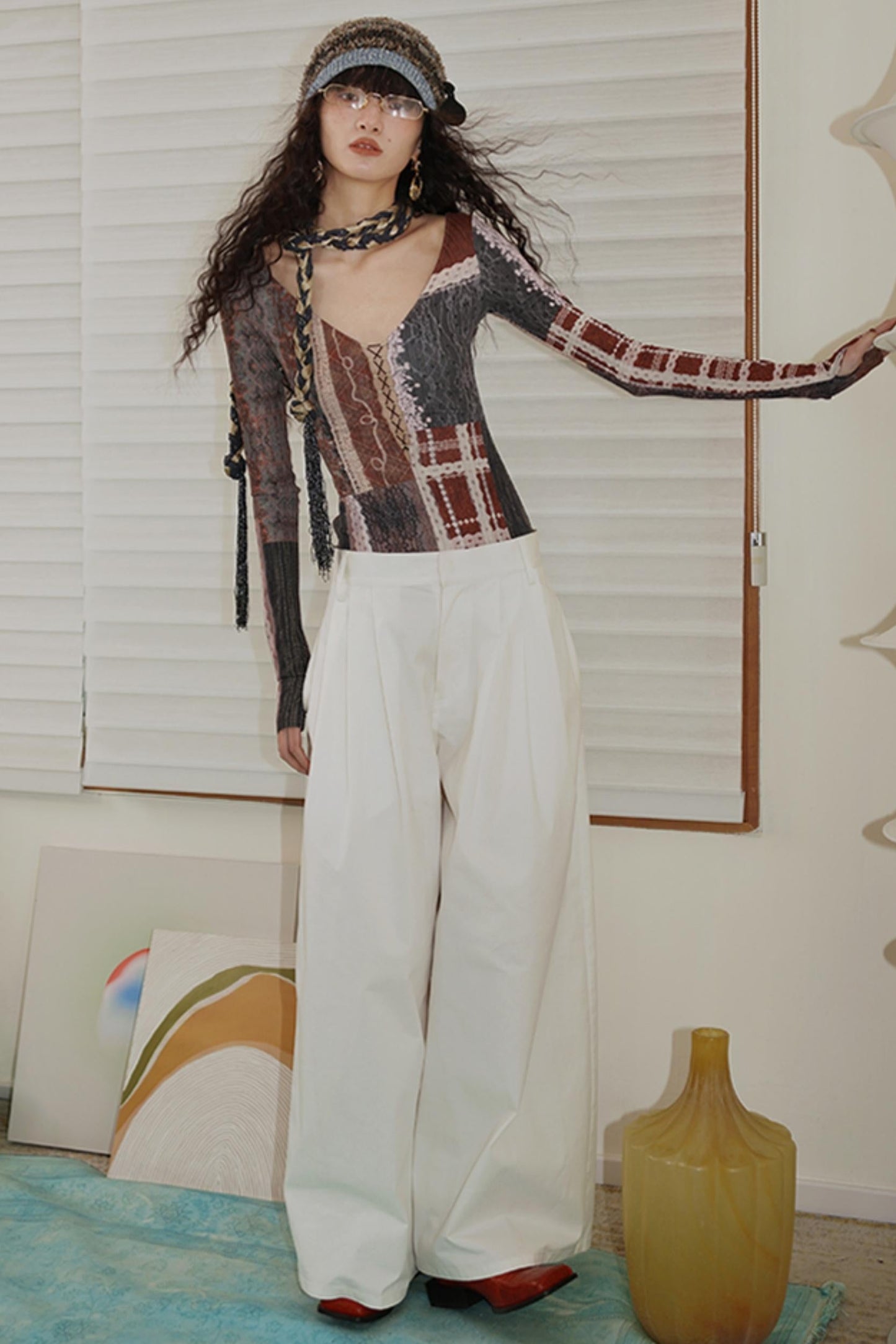 Retro Western Print V-Neck Bodysuit Top