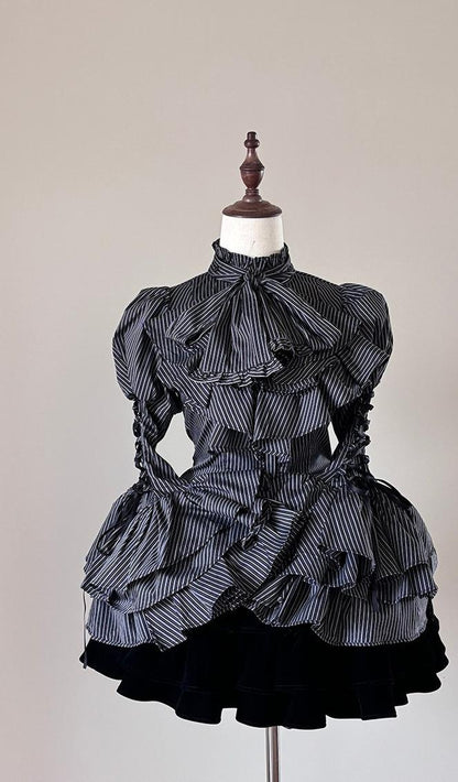 FlowerFairyDaily - Gothic Lolita Striped Shirt With Alternative NeckTie/Jabot