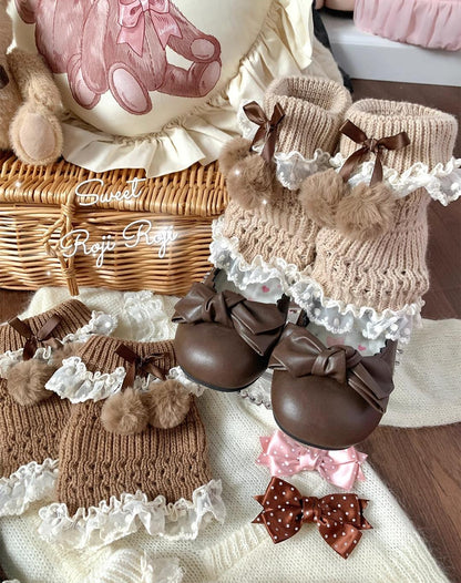 Roji Roji - Kawaii Lolita Wool Leg Warmers, Pom-Pom Accented Bow