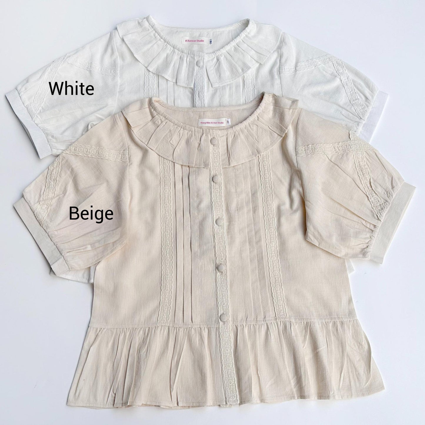 MIST - Spring Retro - Cotton Kawaii Lolita Shirt with Ruffled Neck and Lace Detail